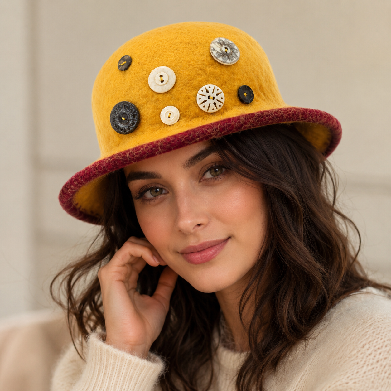 Yellow Cloche Wool Felt Hat with Button Detail