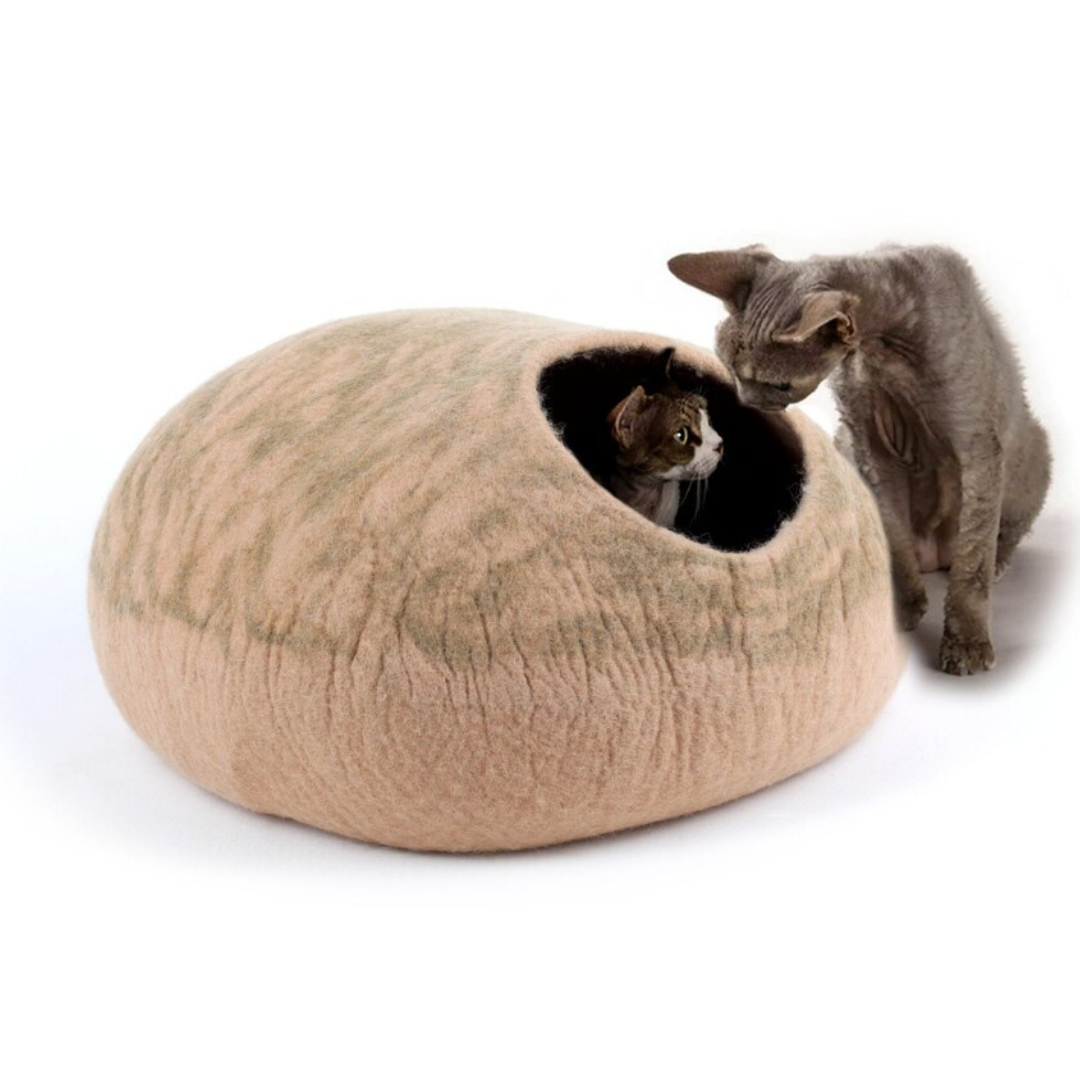 Niche pour chat en feutre à rayures beiges, fabriquée à la main en laine, lit pour chat, maison pour chat