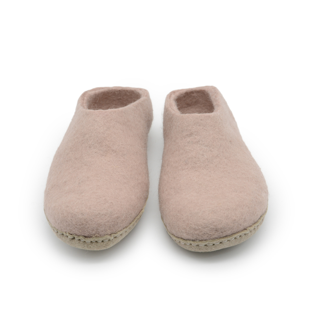 Rose Pink Handmade Wool Felt Indoor Slipper with Leather Sole