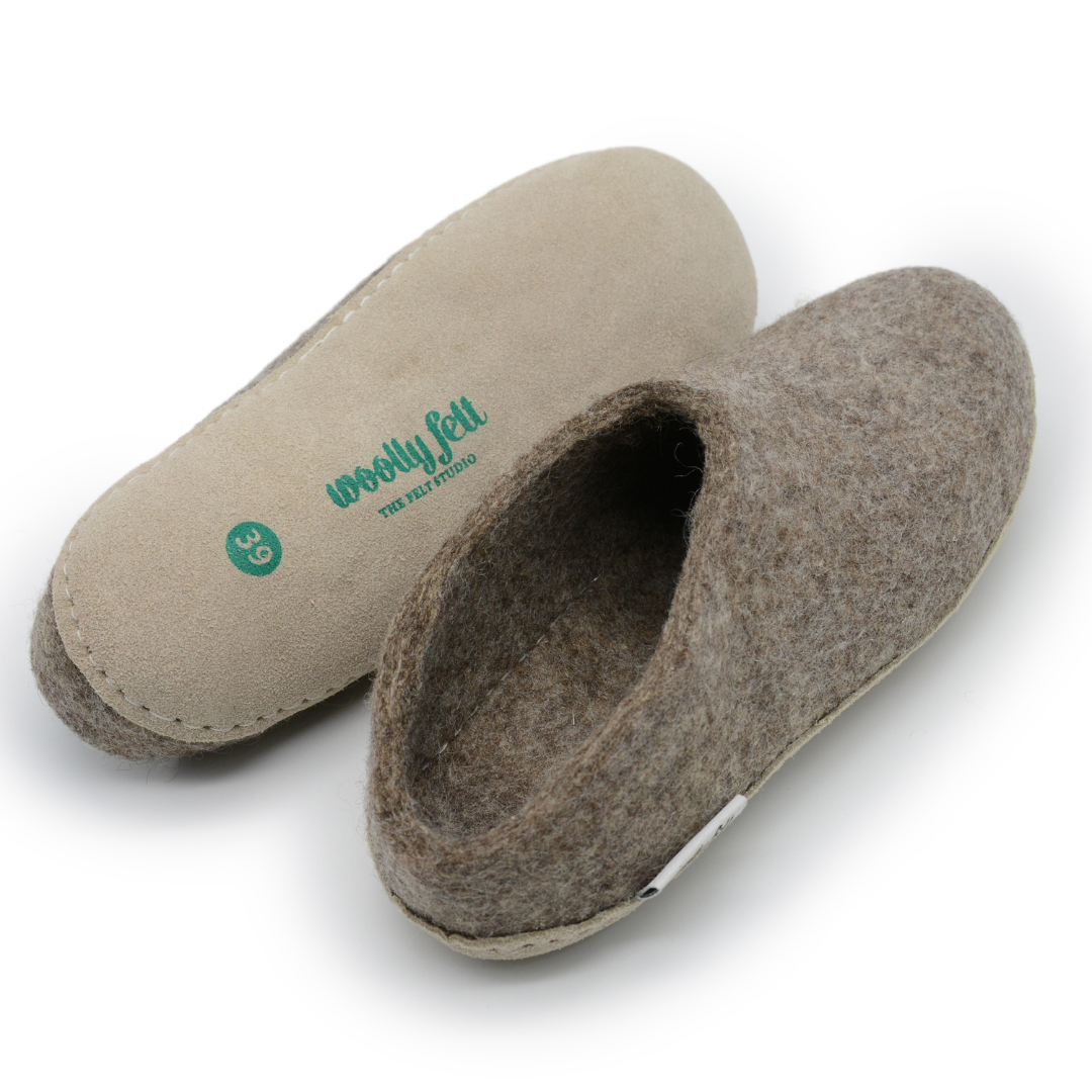 Marbled Brown Handmade Wool Felt Indoor Slipper with Leather Sole