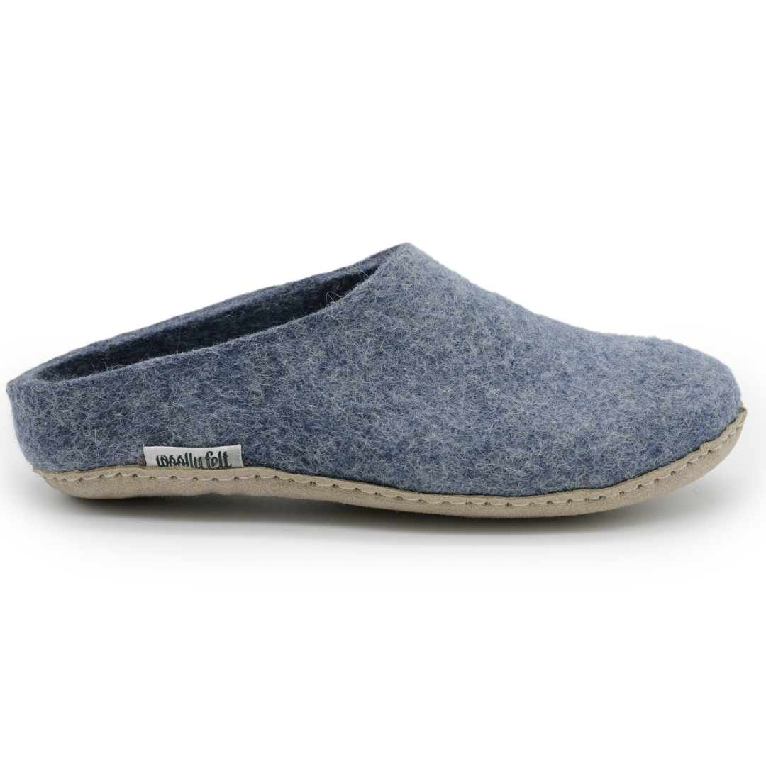 Denim Blue Handmade Wool Felt Indoor Slipper with Leather Sole