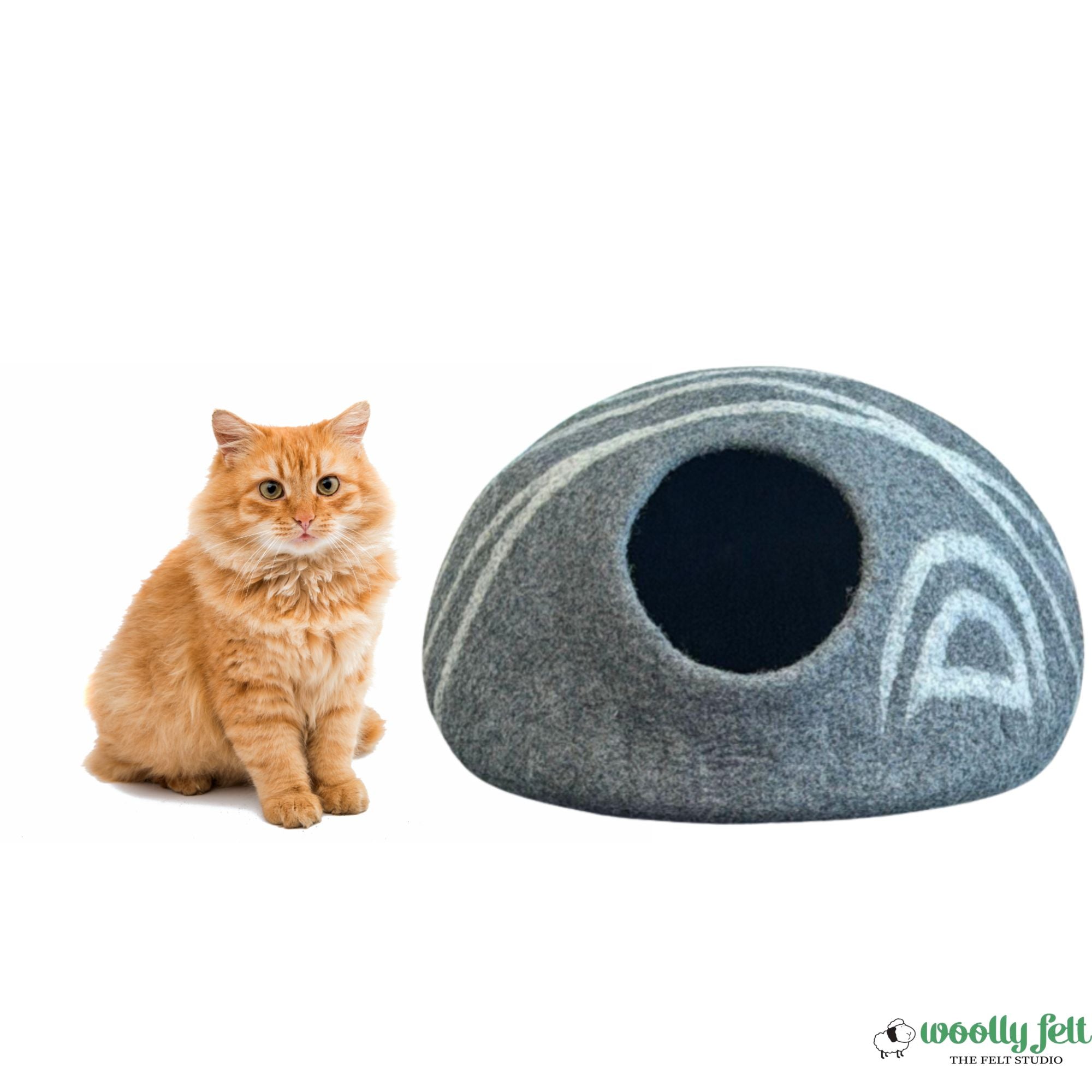 石灰色毛毡猫窝,饰以白色条纹 – 手工羊毛猫窝,舒适隐蔽处,现代家居装饰