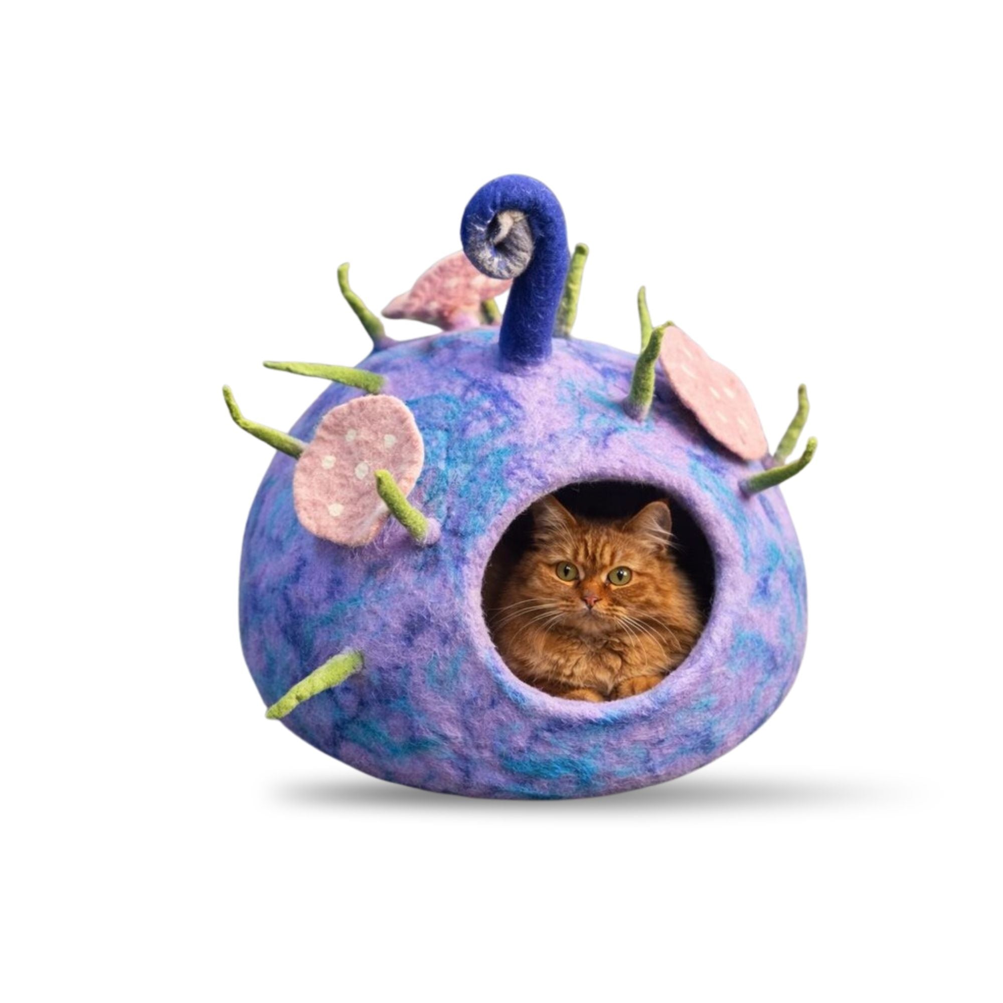 Lit et maison pour chat en feutre de laine faits à la main, pourpre et bleu