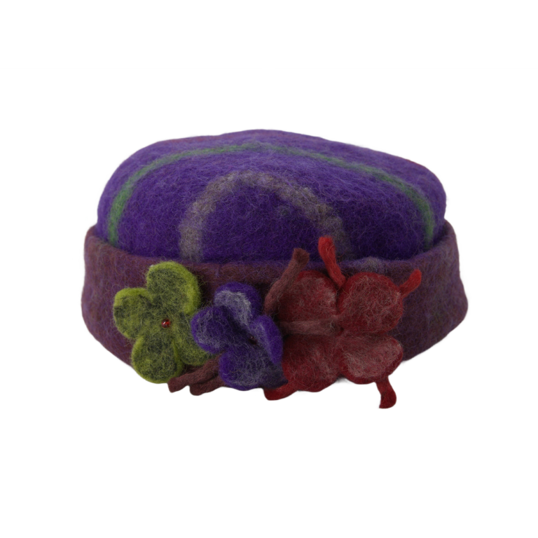 Purple Bowler Wool Felt Hat with Multicolor Floral Design