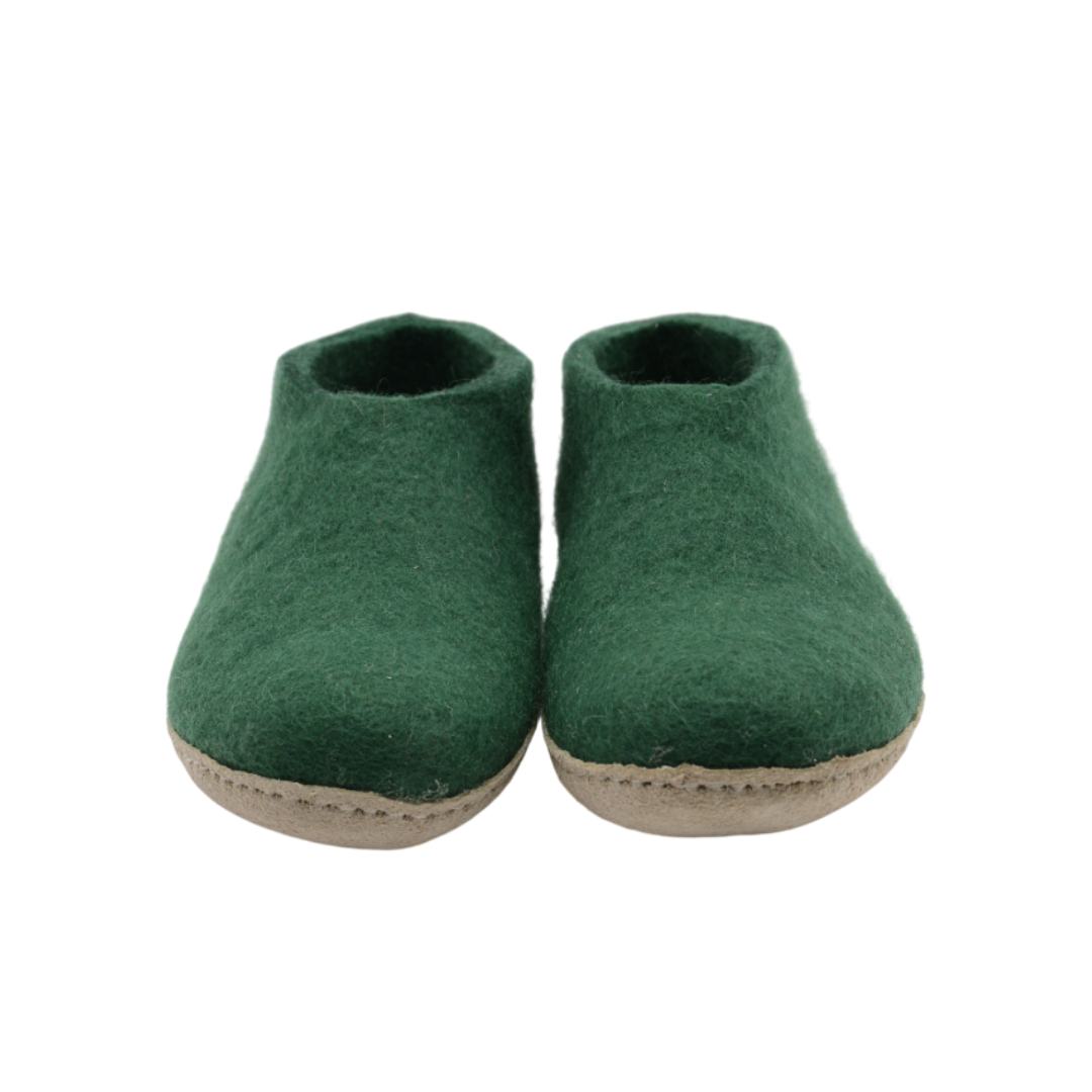 Forest Green Handmade Wool Felt Indoor Shoes with Leather Sole
