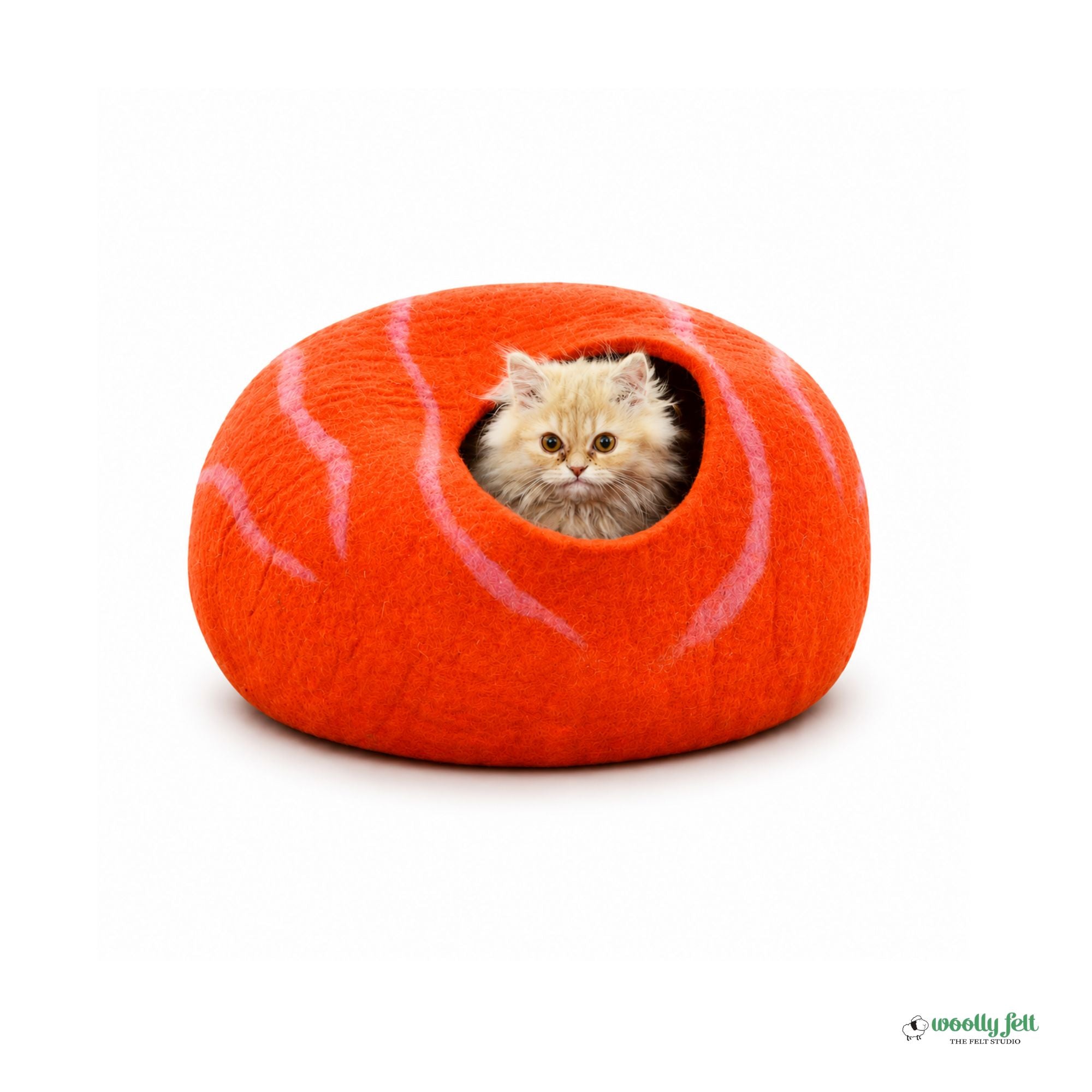 Handmade Orange Wool Cat Cave - Felted Pet Bed with Wavy Stripes