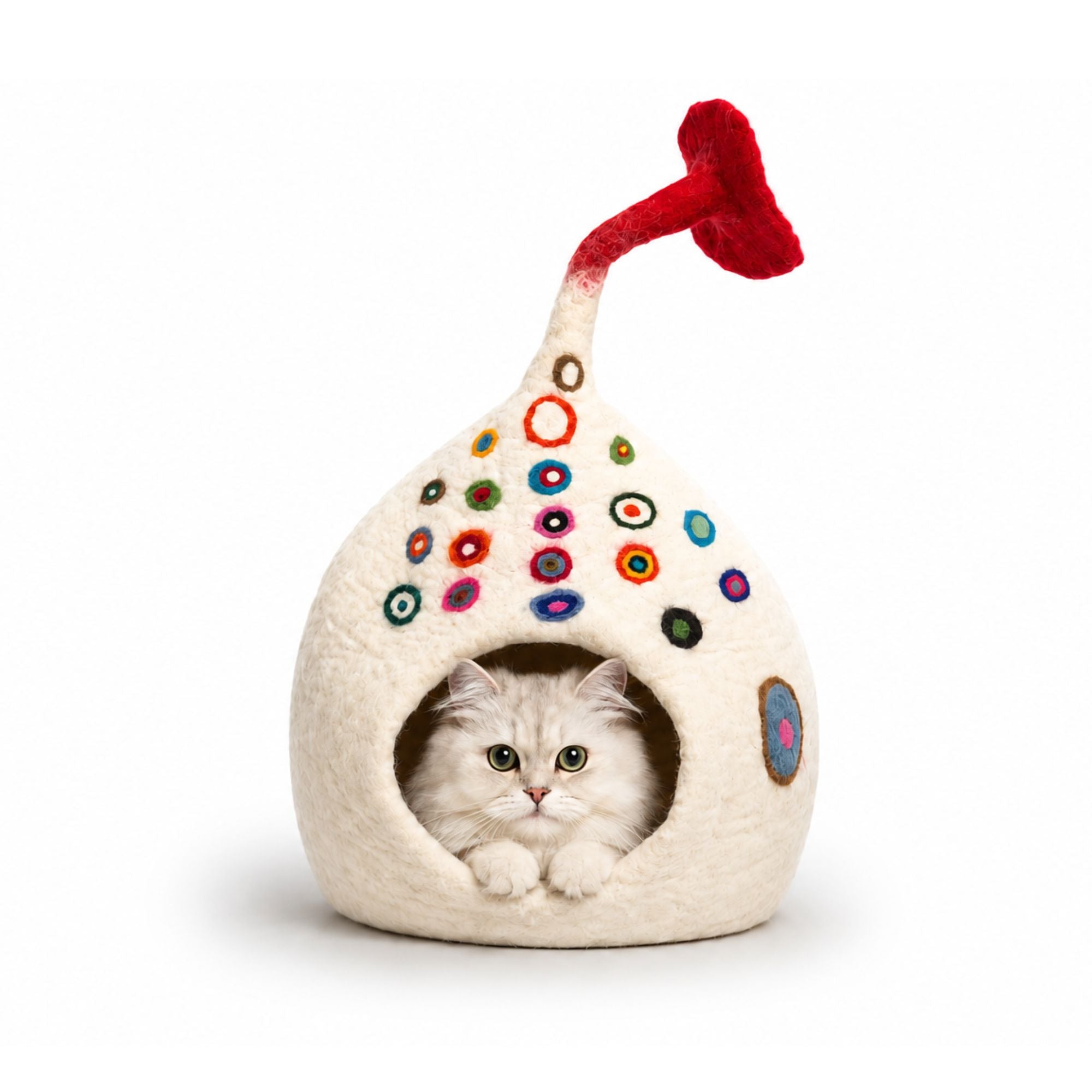 Felt Cat Cave - White Tear Drop with Flower - Pet Furniture