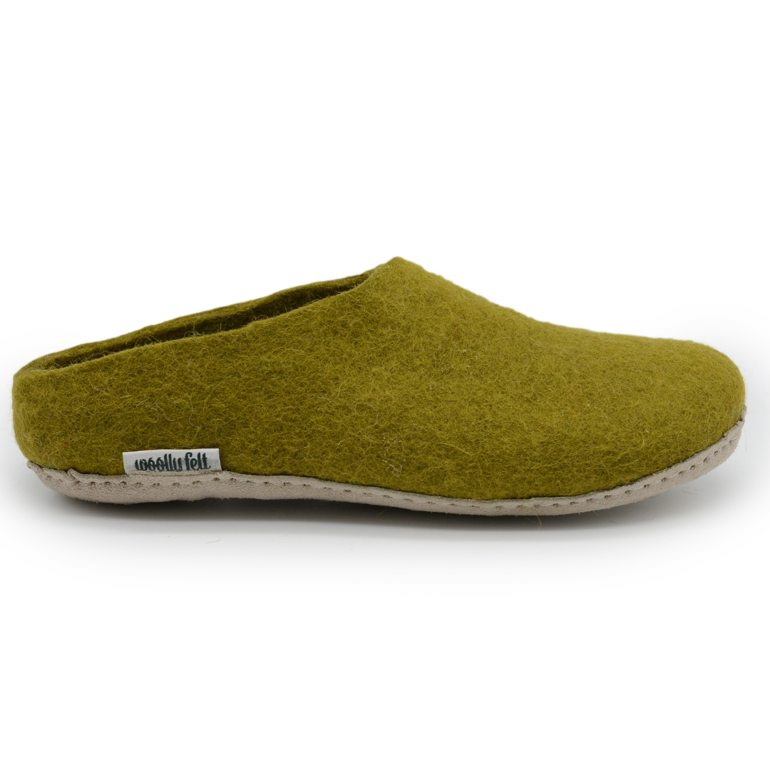 Olive Green Handmade Wool Felt Indoor Slipper with Leather Sole