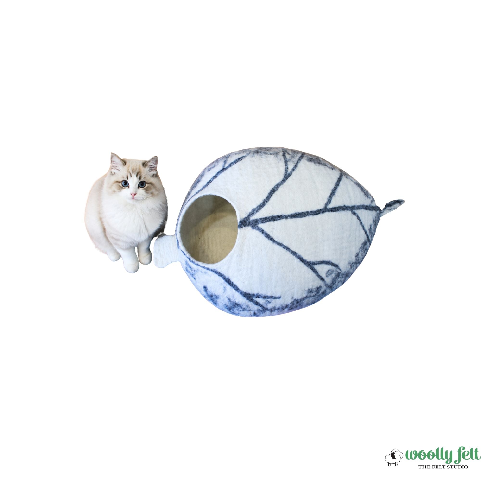 White Leaf Design Felt Cat Cave - Wool Felted Large Cave - Cozy Hideaway For Feline Friend - Charming Pet Bed - 100% Pure Wool - Gift