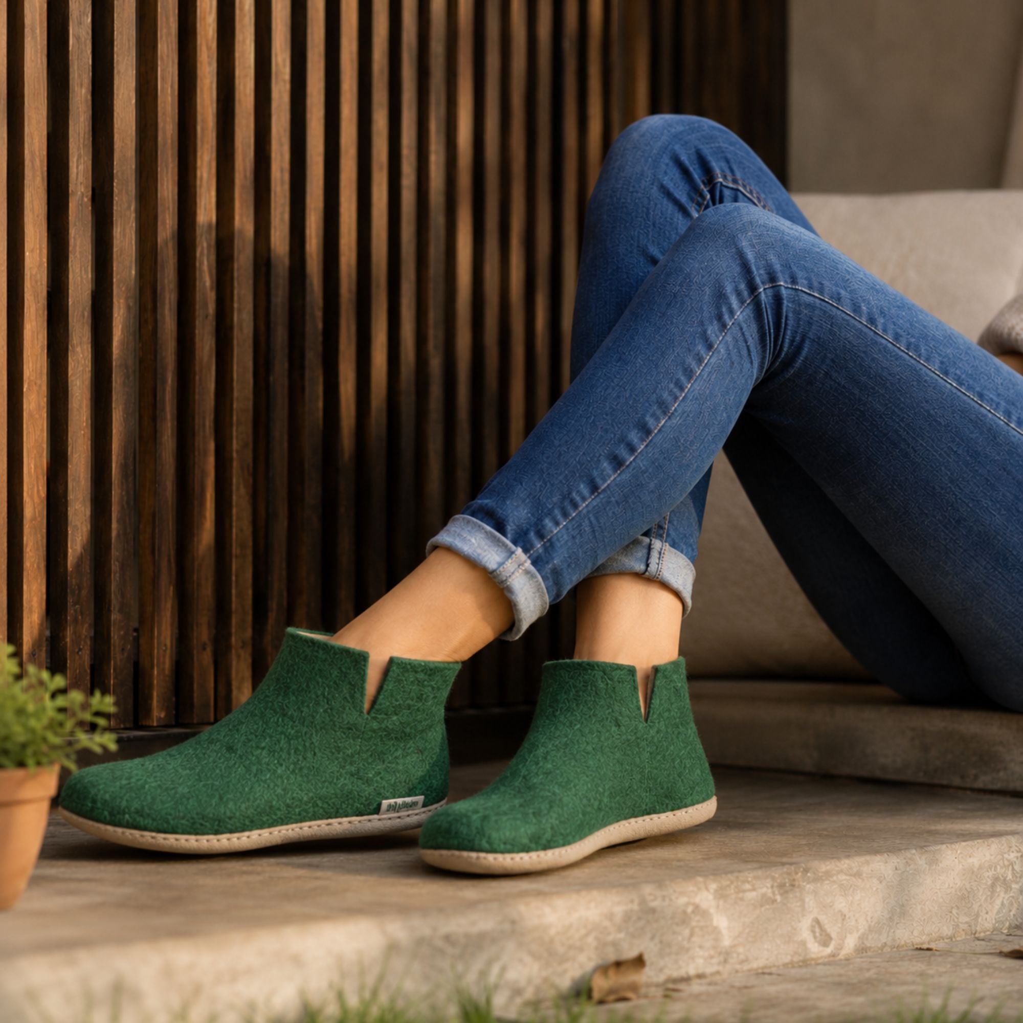 Forest Green Handmade Wool Felt Indoor Boot with Leather Sole