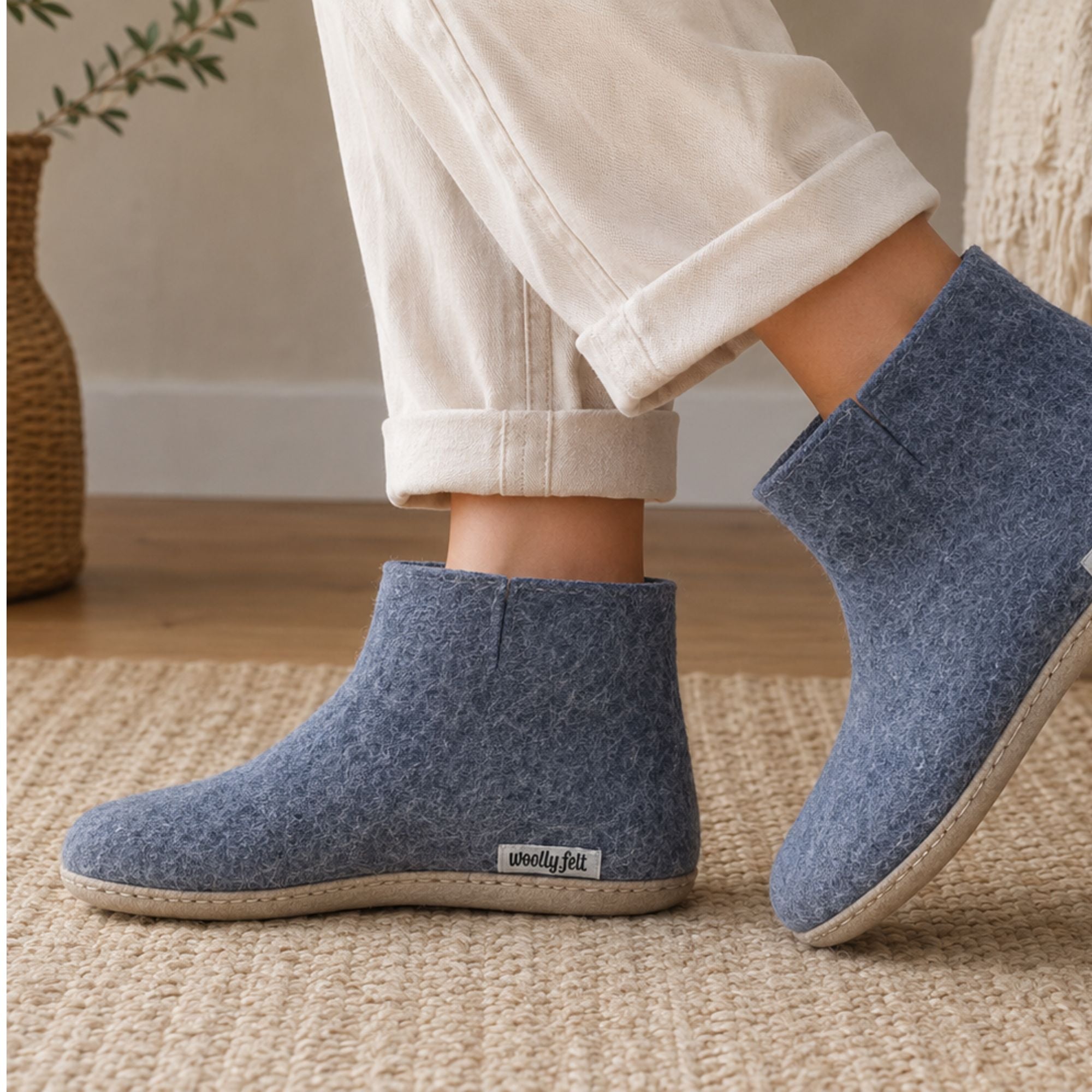 Denim Blue Handmade Wool Felt Indoor Boot with Leather Sole