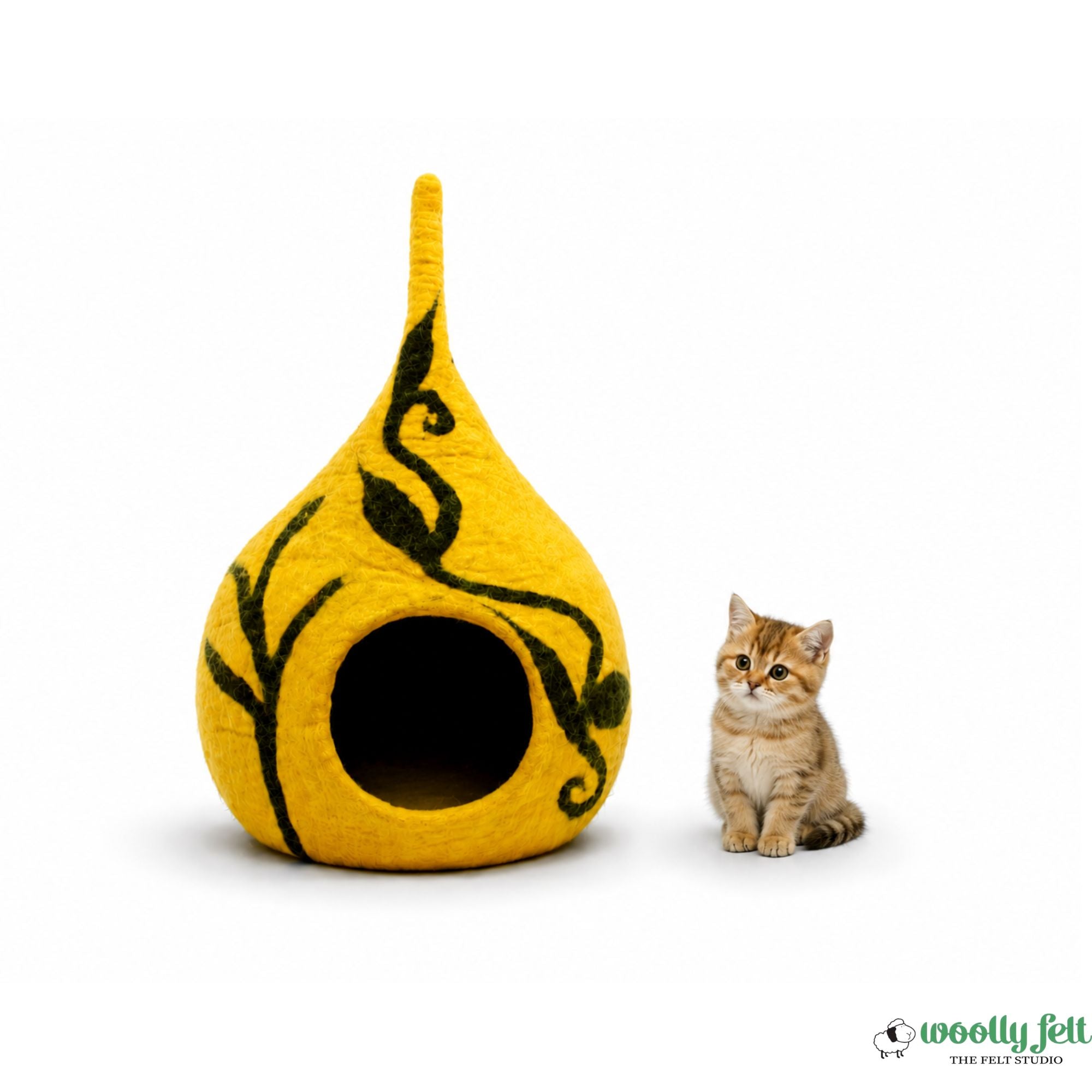 Yellow Felt Cat Cave – Modern Pet Bed with Black Flower Design