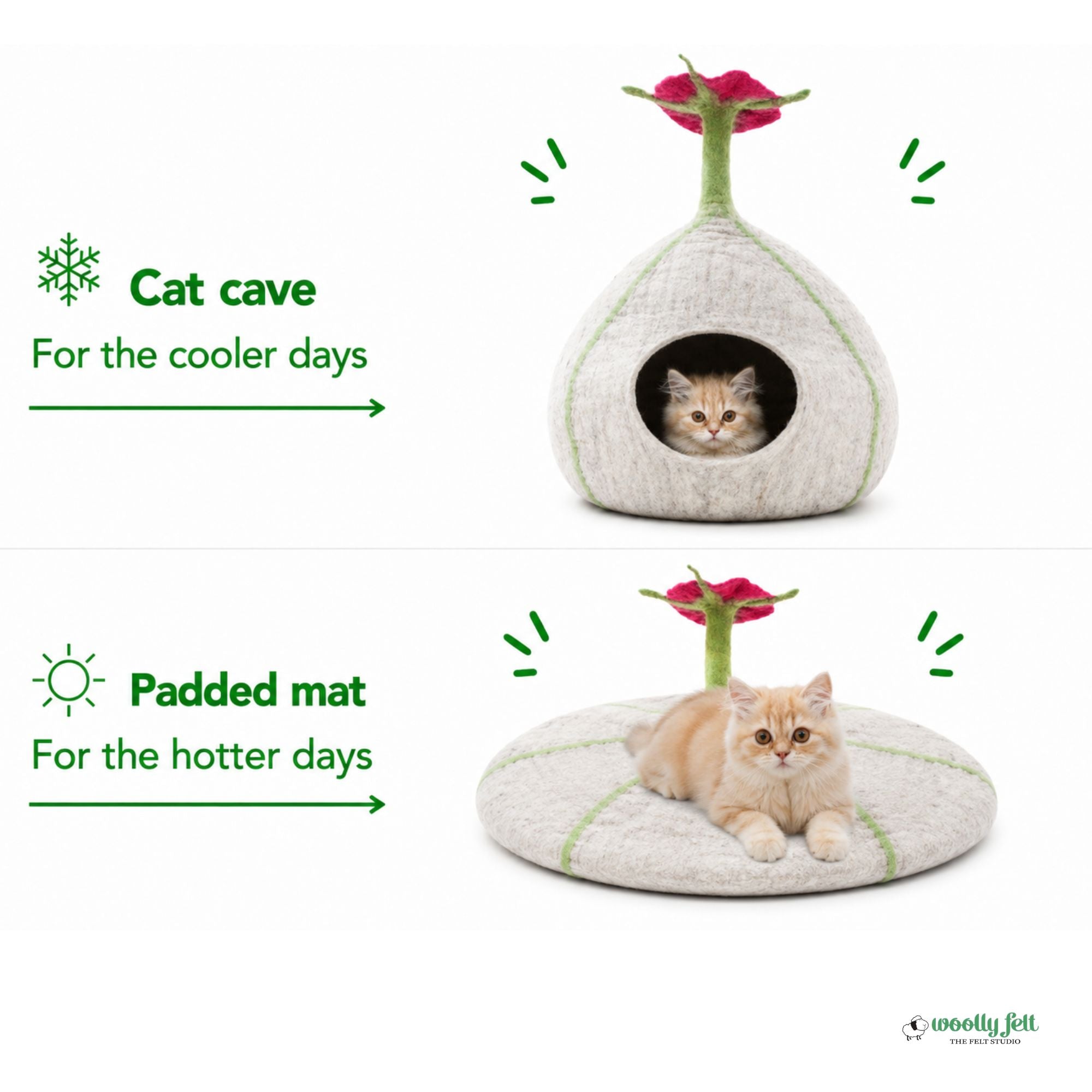 Gray Floral Felt Cat Cave Handmade Wool Cat Bed