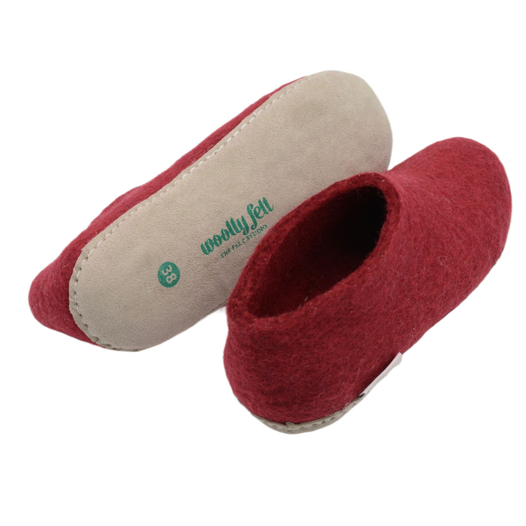 Maroon Handmade Wool Felt Indoor Shoes with Leather Sole