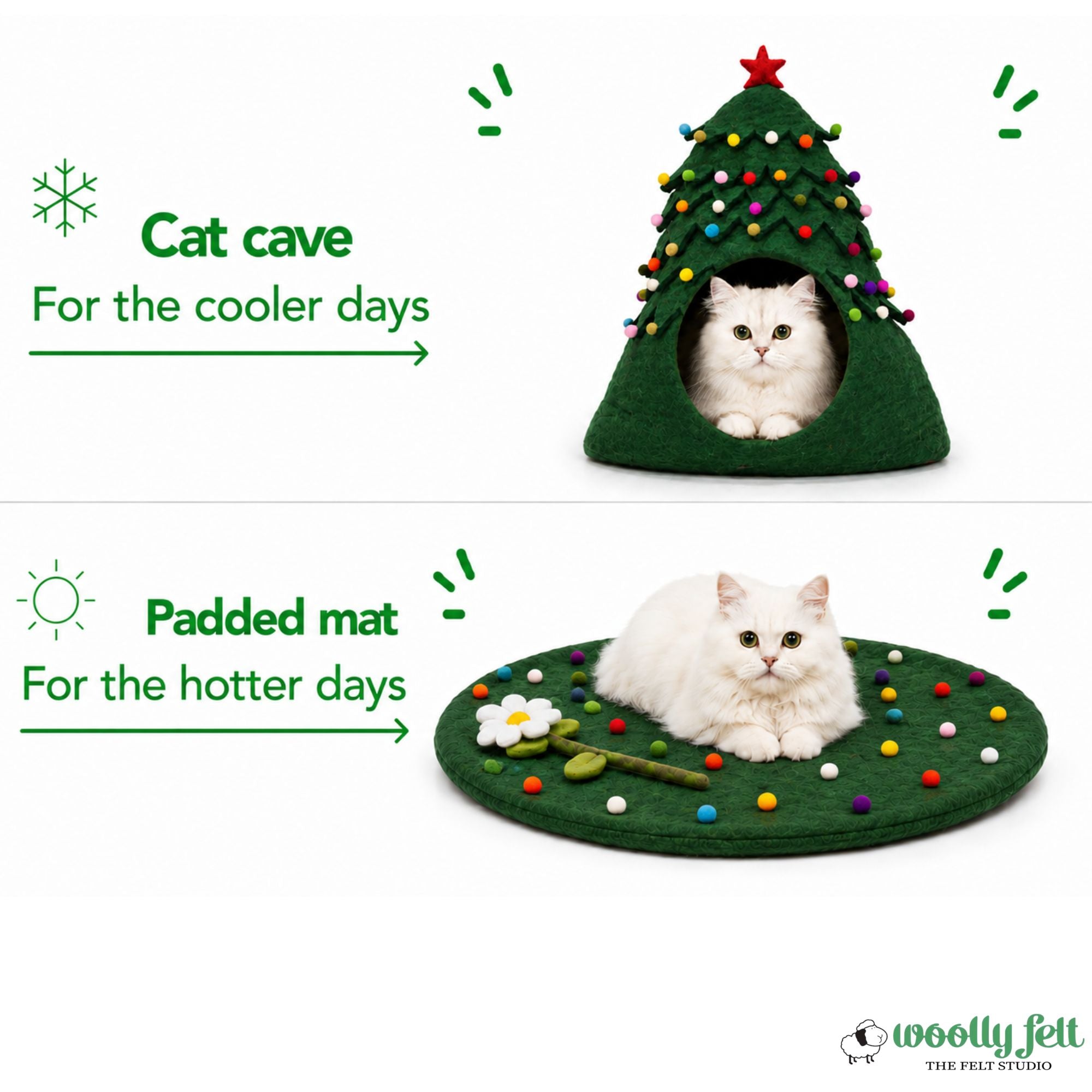 Christmas Tree Felt Cat Cave Handmade Wool Cat Bed House