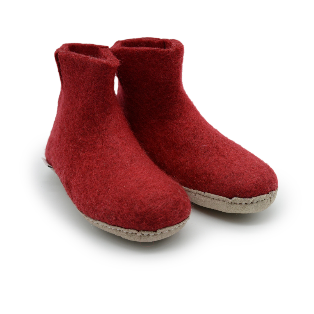 Maroon Handmade Wool Felt Indoor Boot with Leather Sole