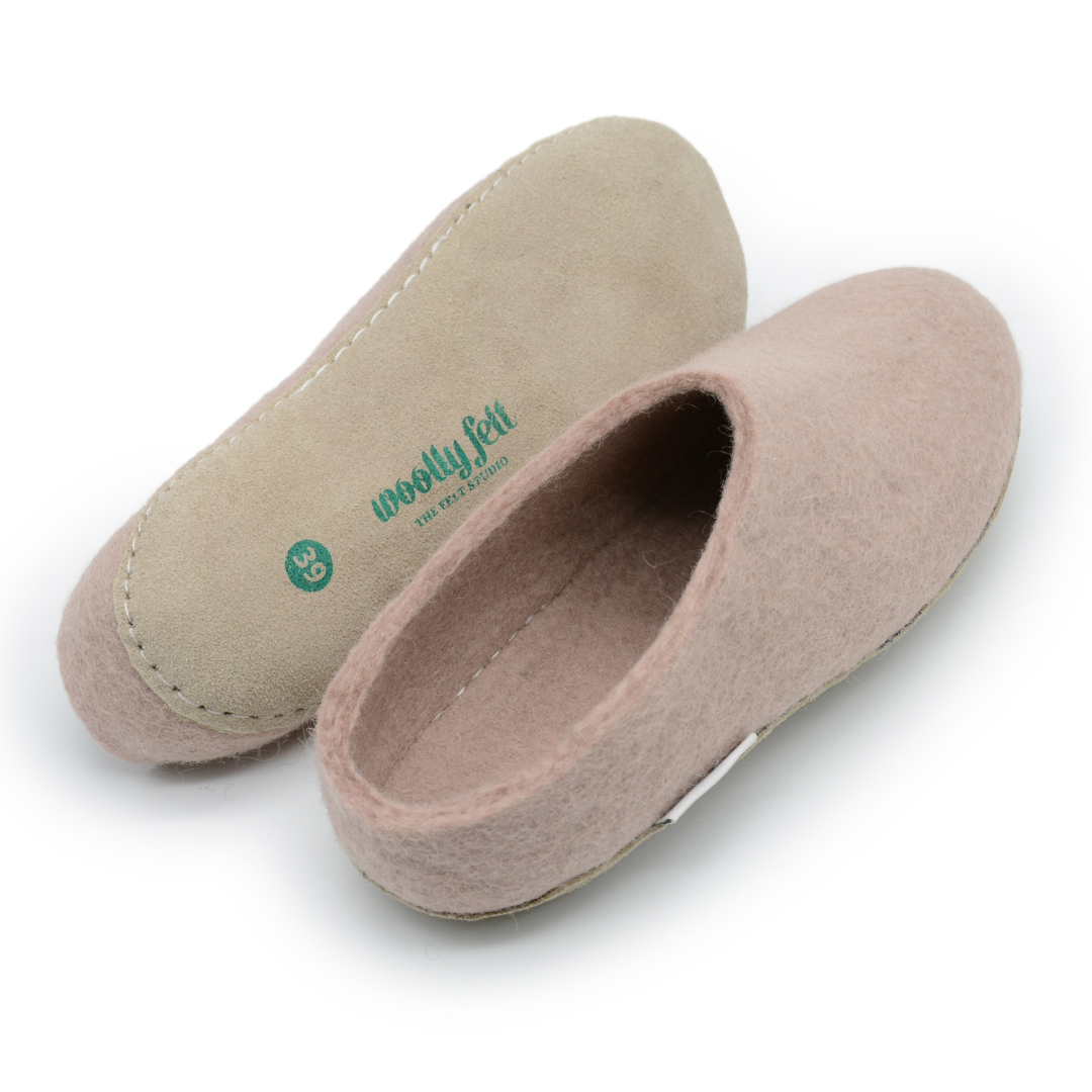 Rose Pink Handmade Wool Felt Indoor Slipper with Leather Sole