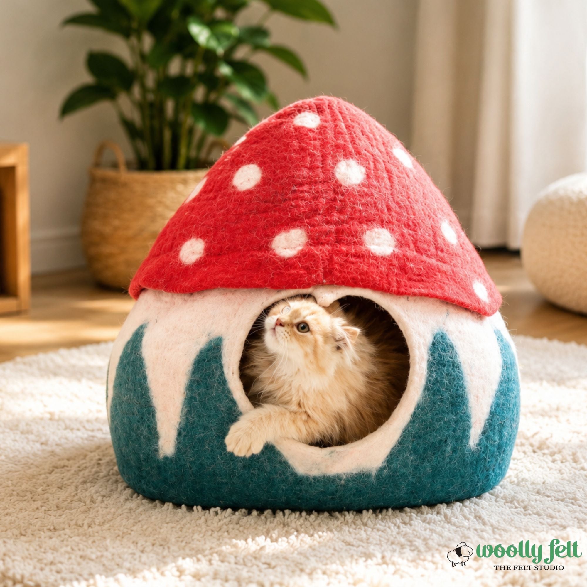 Mushroom Felt Cat Cave Handmade Modern Wool Cat Bed