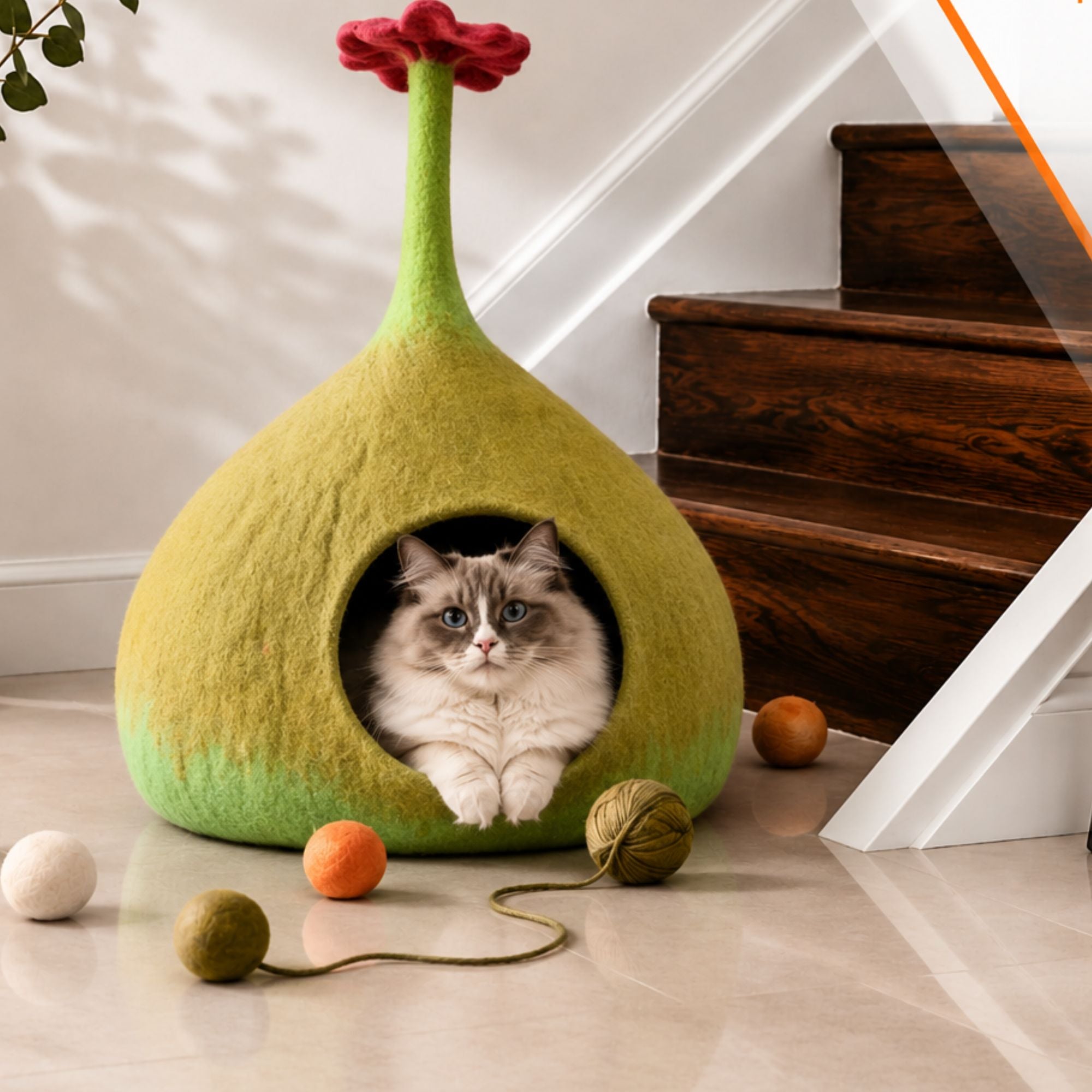 Flower Top Felt Cat Cave Dual Shade Wool Cat Bed Cat House