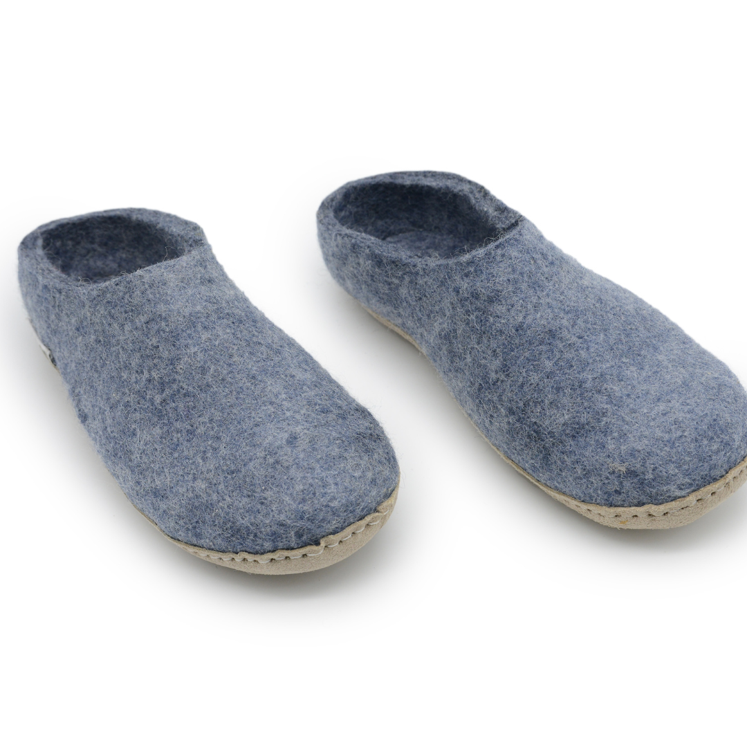 Denim Blue Handmade Wool Felt Indoor Slipper with Leather Sole