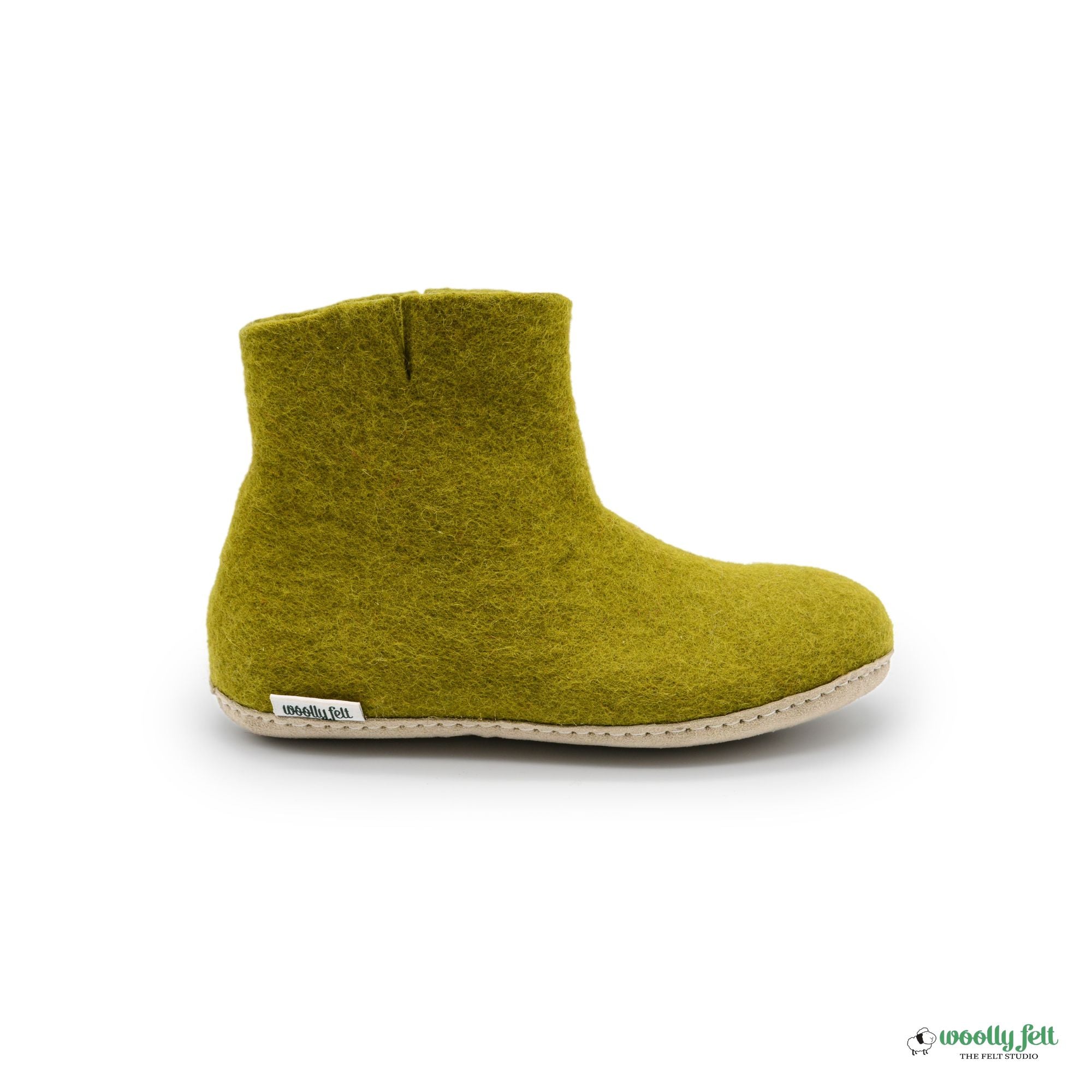 Olive Green Handmade Wool Felt Indoor Boot with Leather Sole