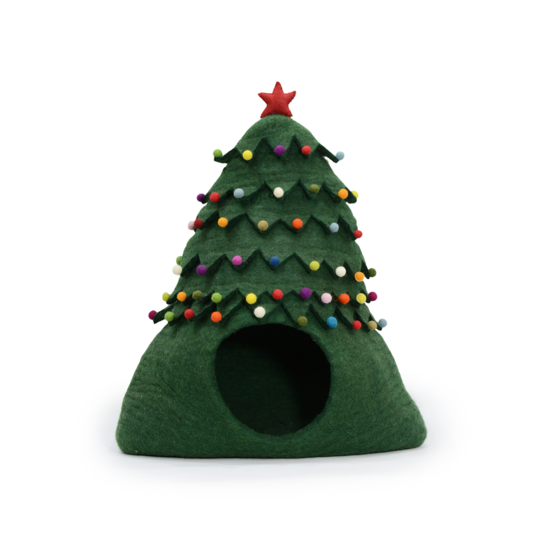 Weihnachtsbaum-Katzenhöhle aus Filz, handgefertigtes Katzenbett aus Wolle