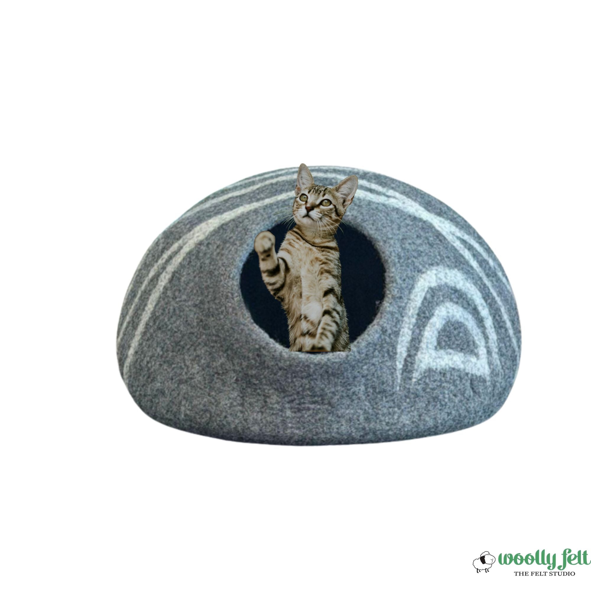 石灰色毛毡猫窝,饰以白色条纹 – 手工羊毛猫窝,舒适隐蔽处,现代家居装饰