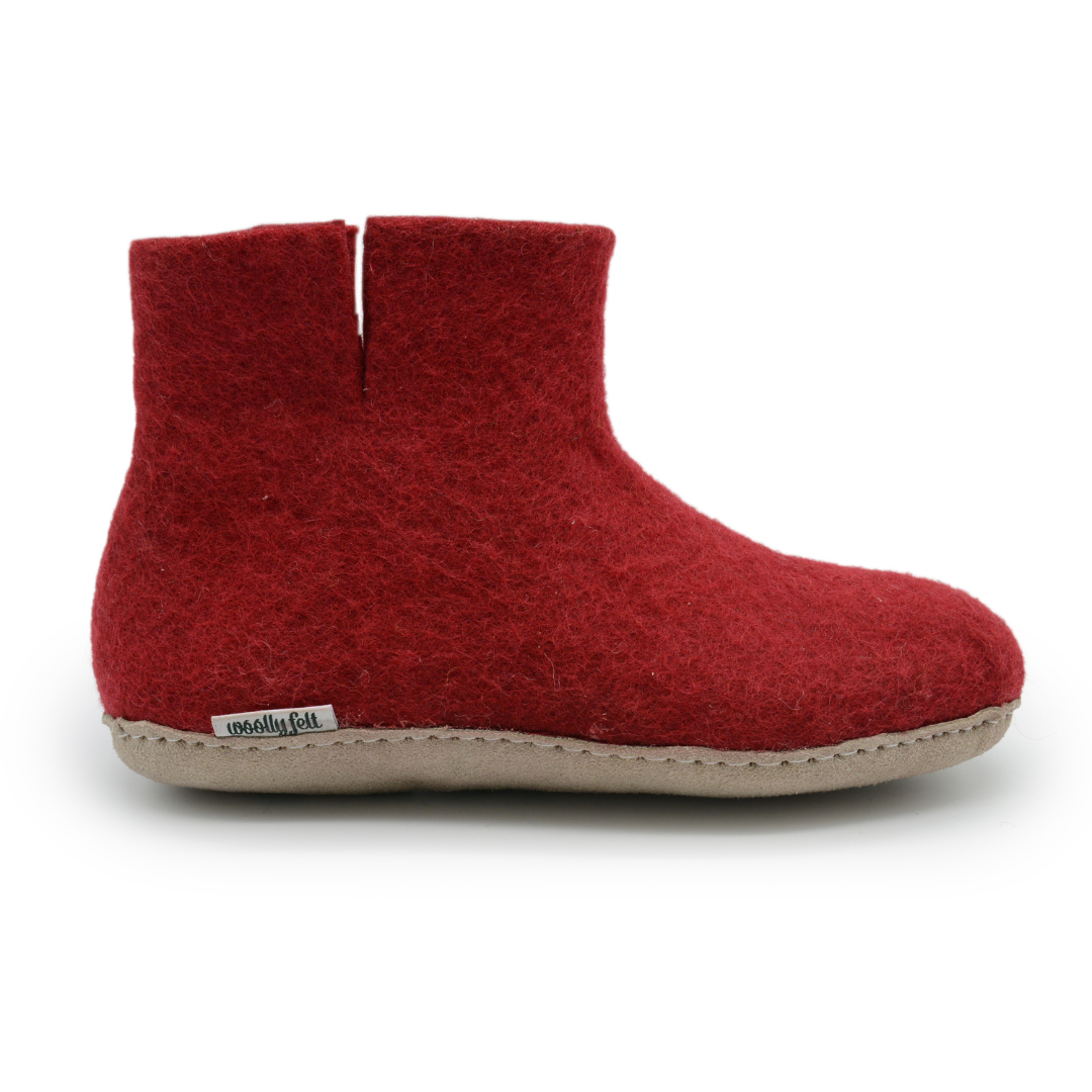 Maroon Handmade Wool Felt Indoor Boot with Leather Sole