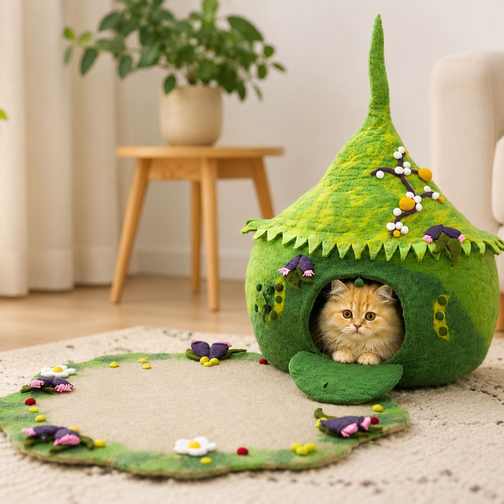Green Berry Felt Cat Cave with Mat Handmade Wool Cat Bed