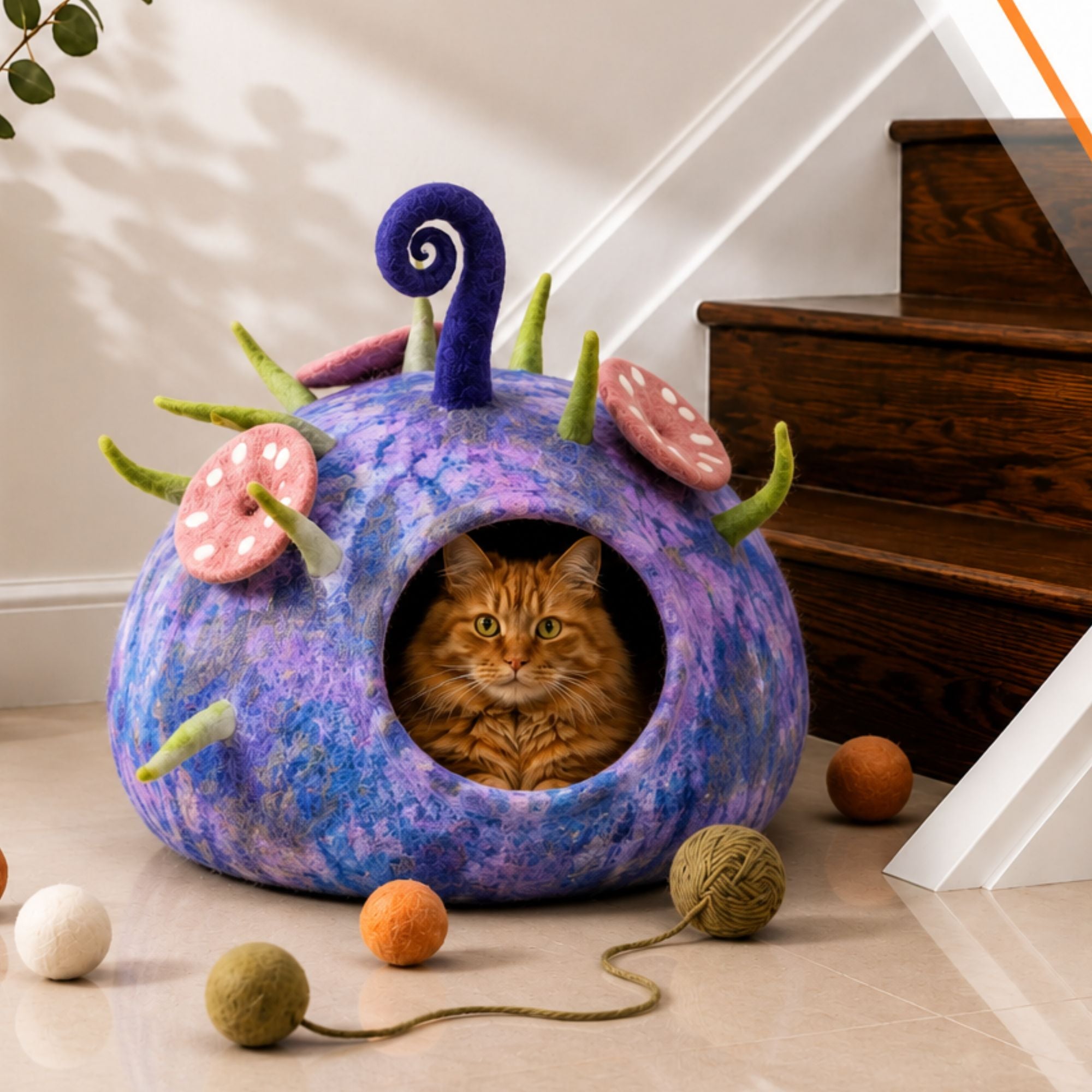 Purple Blue Felt Cat Cave Handmade Wool Cat Bed Cat House