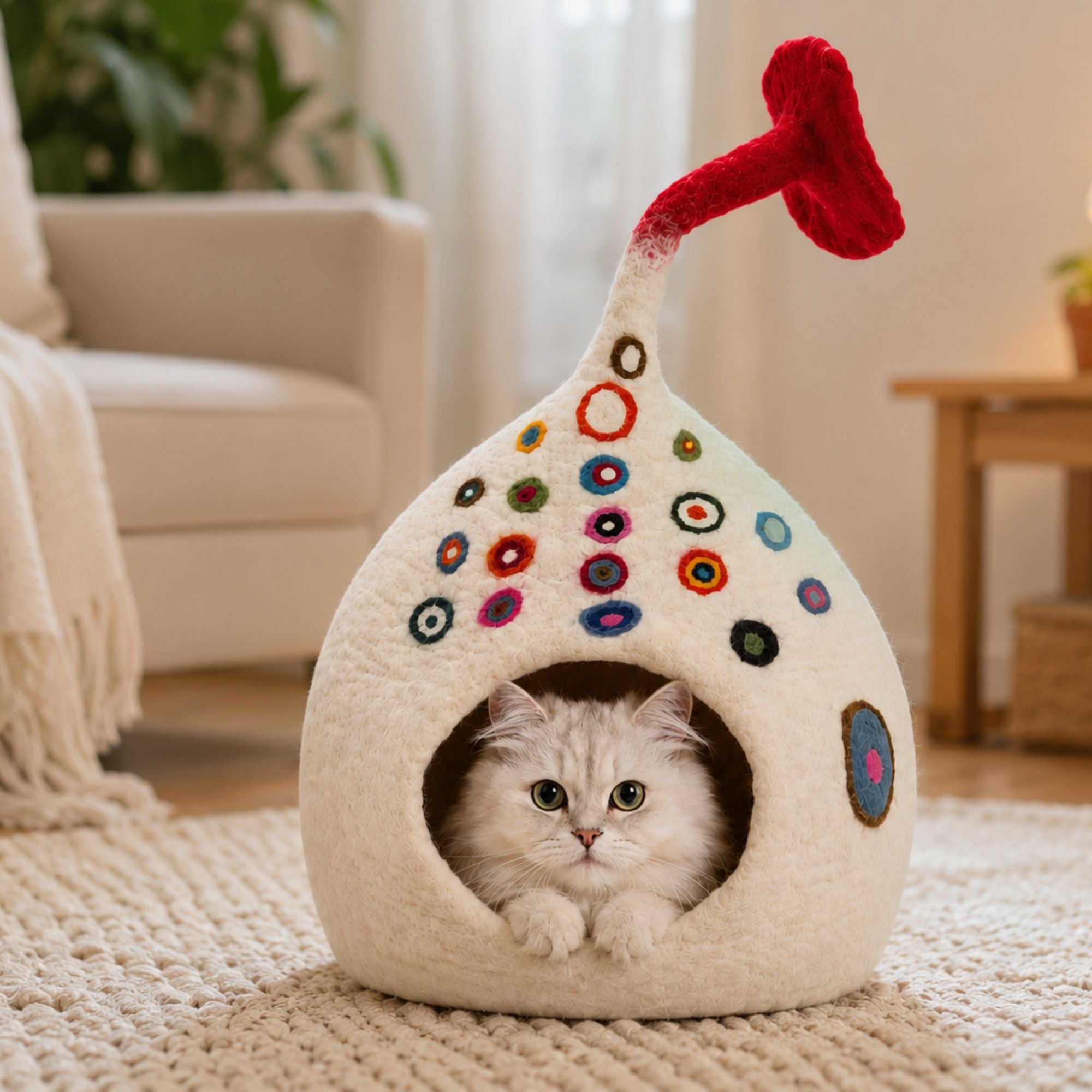 Felt Cat Cave - White Tear Drop with Flower - Pet Furniture