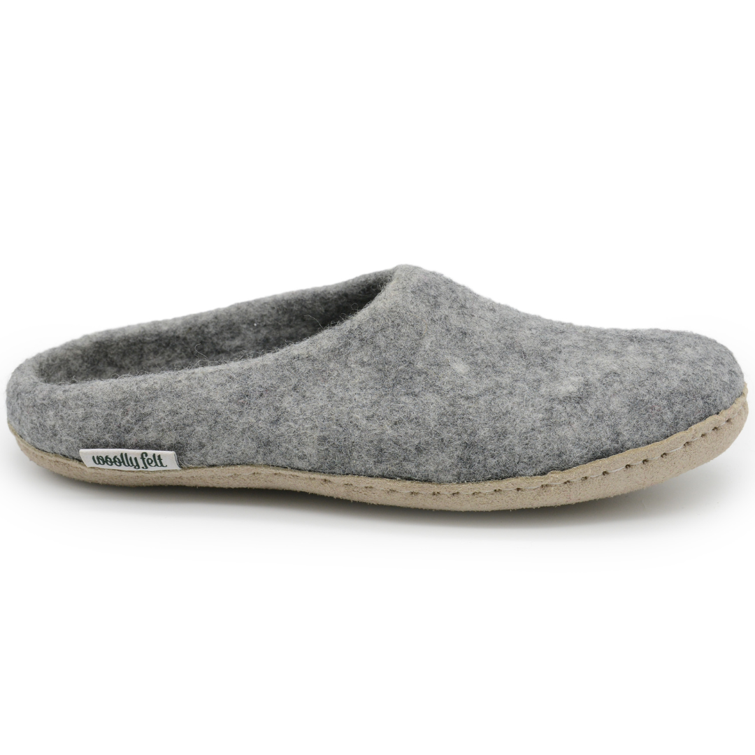 Natural Grey Handmade Wool Felt Indoor Slipper with Leather Sole