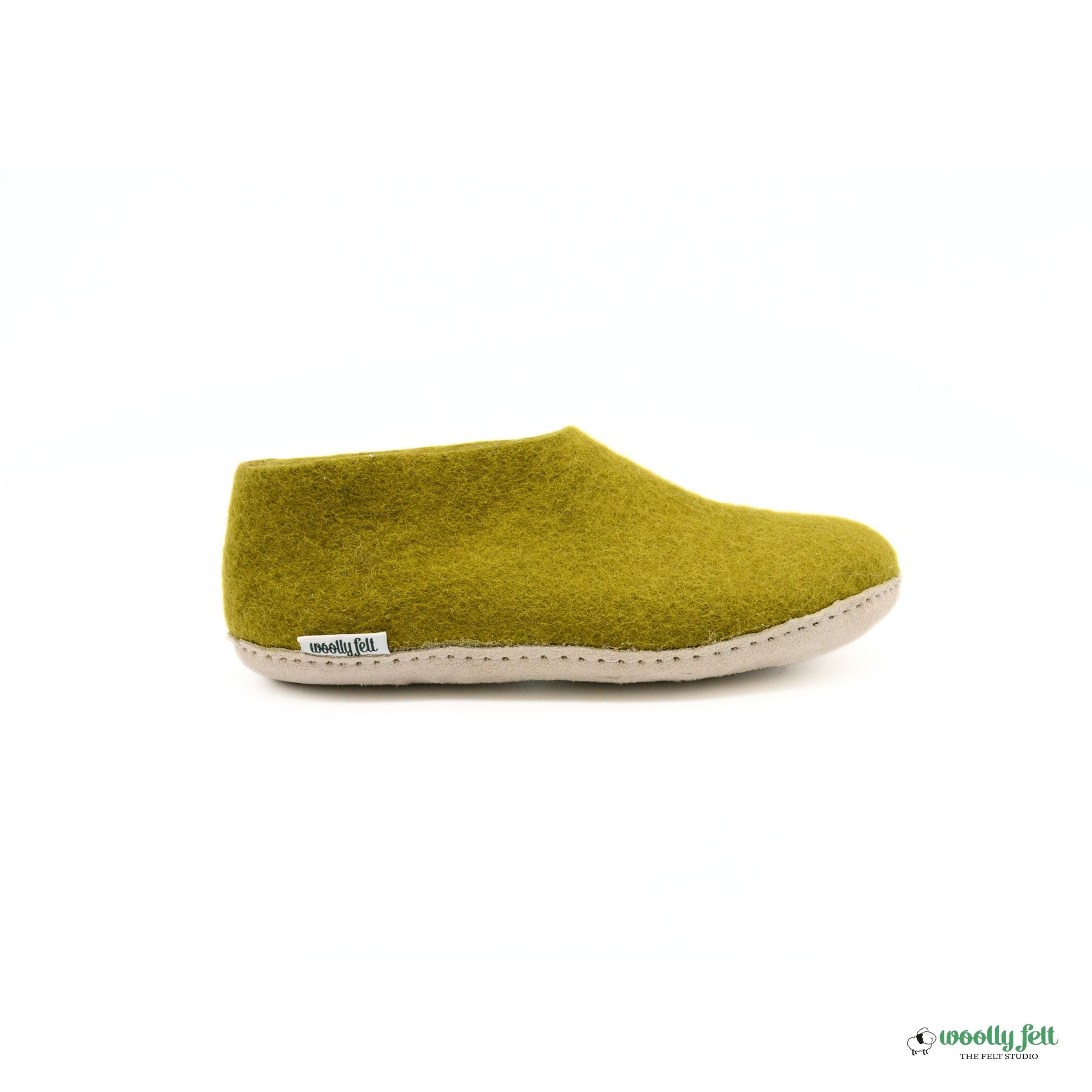 Olive Green Handmade Wool Felt Indoor Shoes with Leather Sole