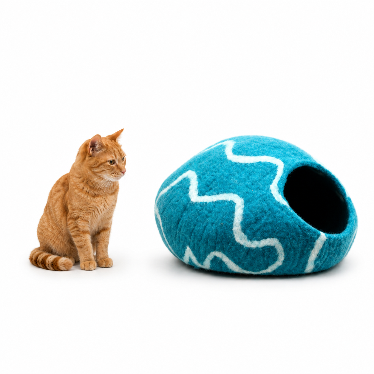 Ocean Blue Felt Cat Cave - Handmade Wool Pet Bed