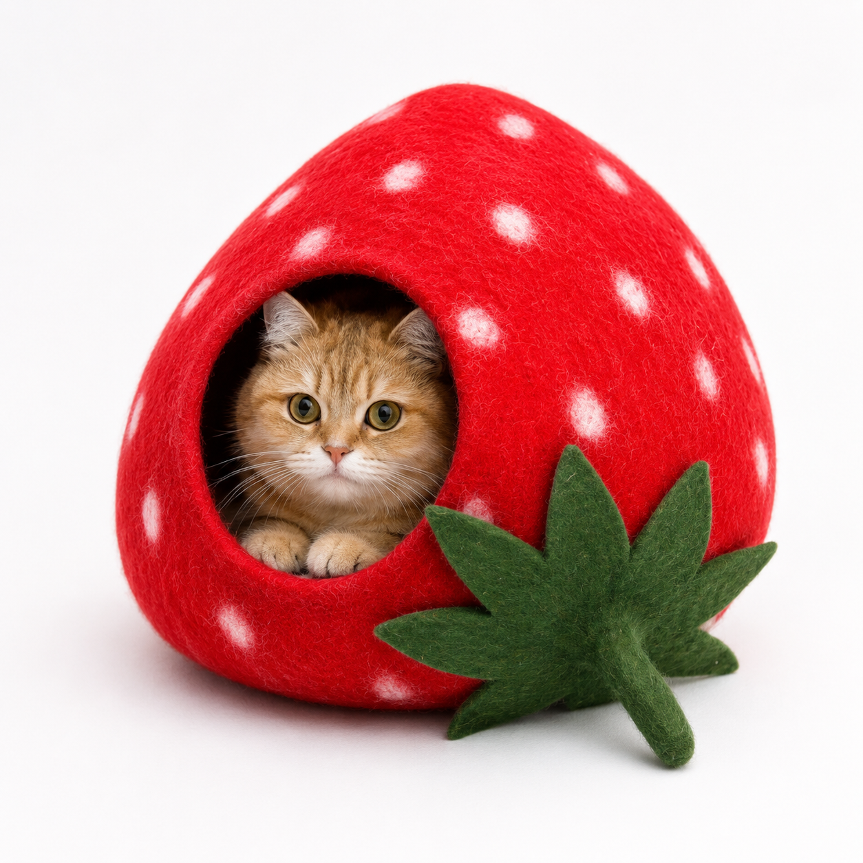 フェルト製猫用洞窟 - イチゴ柄猫用洞窟 - 手作りフェルト製ペットハウス - ウール製猫用ベッド - 繭型 - ペット用容器 - 環境に優しいベッド
