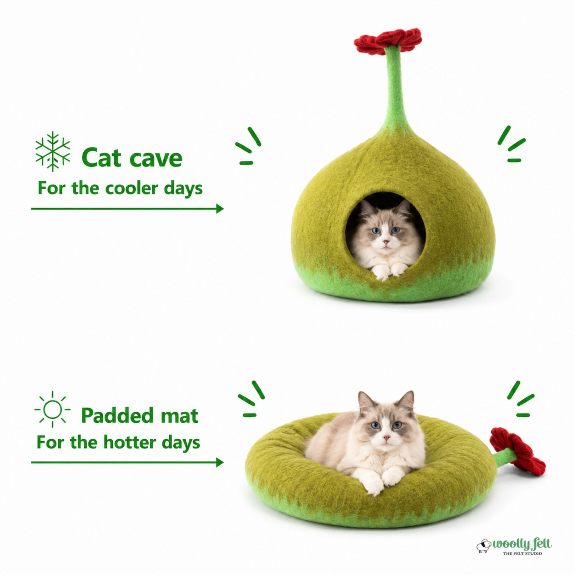 Flower Top Felt Cat Cave Dual Shade Wool Cat Bed Cat House