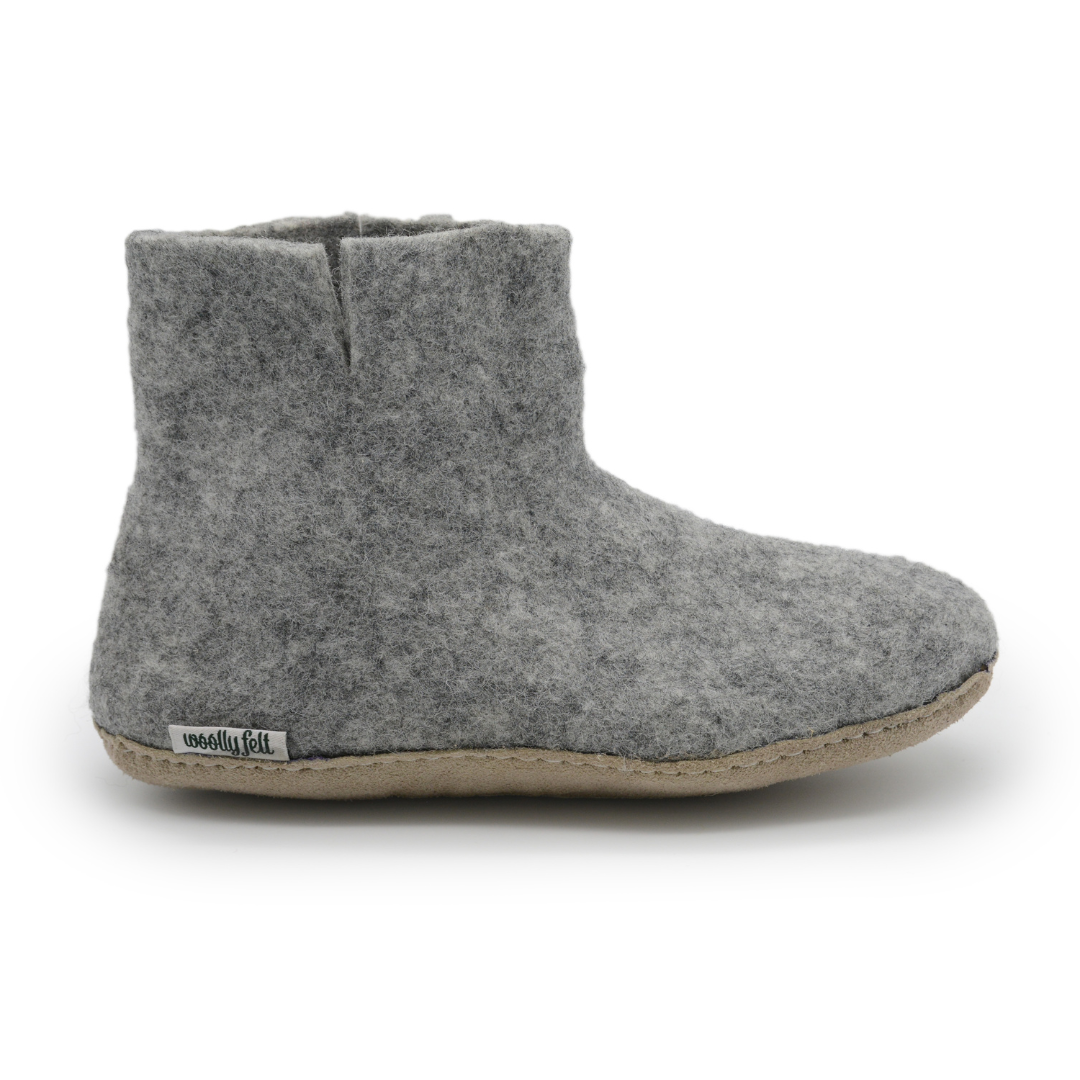 Natural Grey Handmade Wool Felt Indoor Boot with Leather Sole