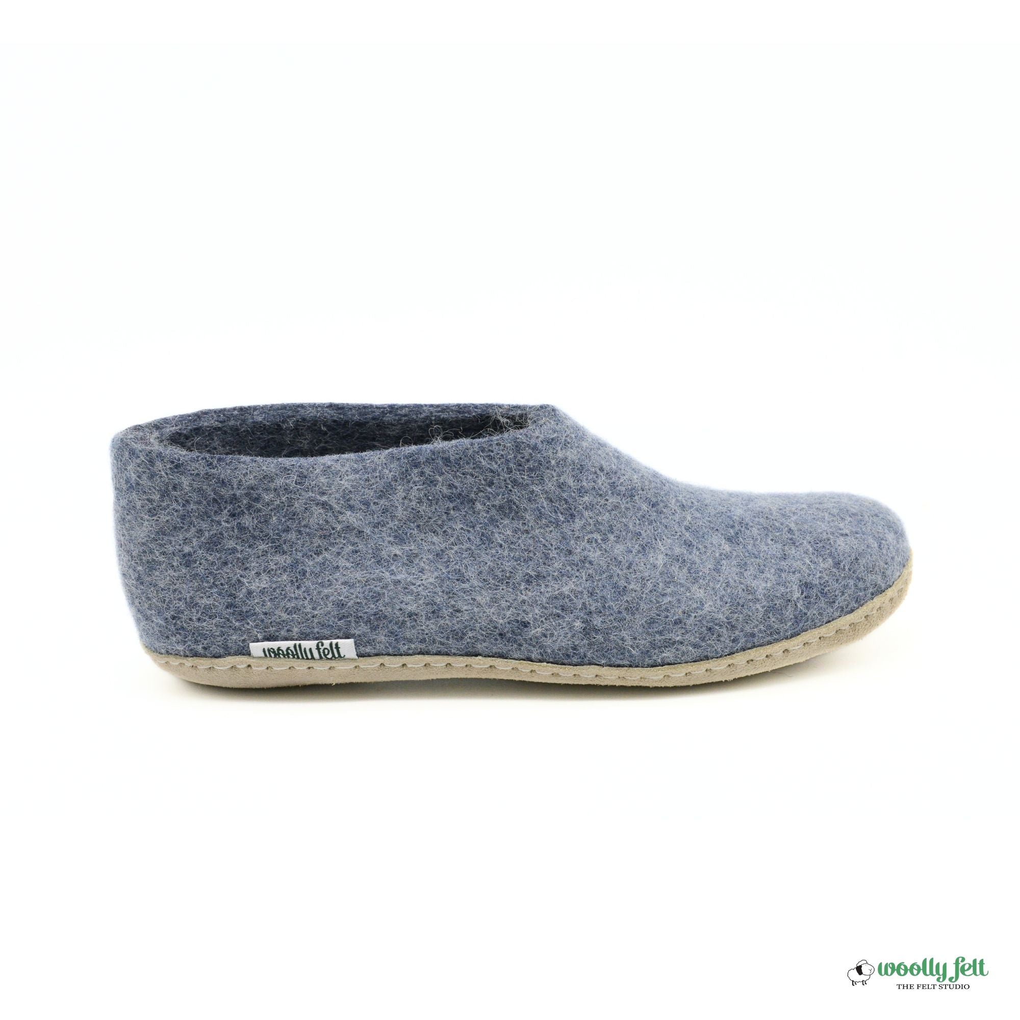 Denim Blue Handmade Wool Felt Indoor Shoes with Leather Sole