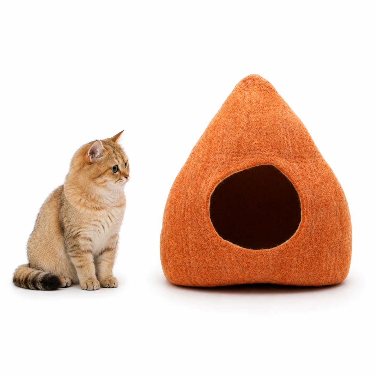 オレンジ色のウール製猫用ベッド|モダンな猫用家具:100%純毛を使用したハンドメイド|ペット好きへのプレゼントに最適|ペット用家具