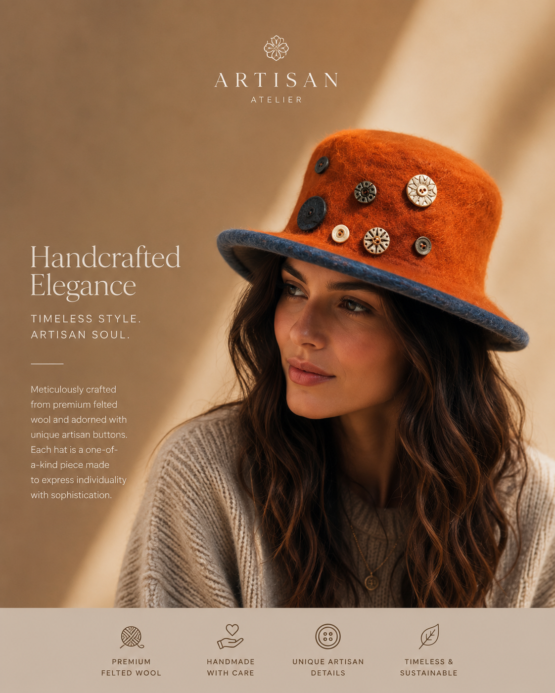 Orange Wool Felt Bucket Hat for Casual Outdoor Wear