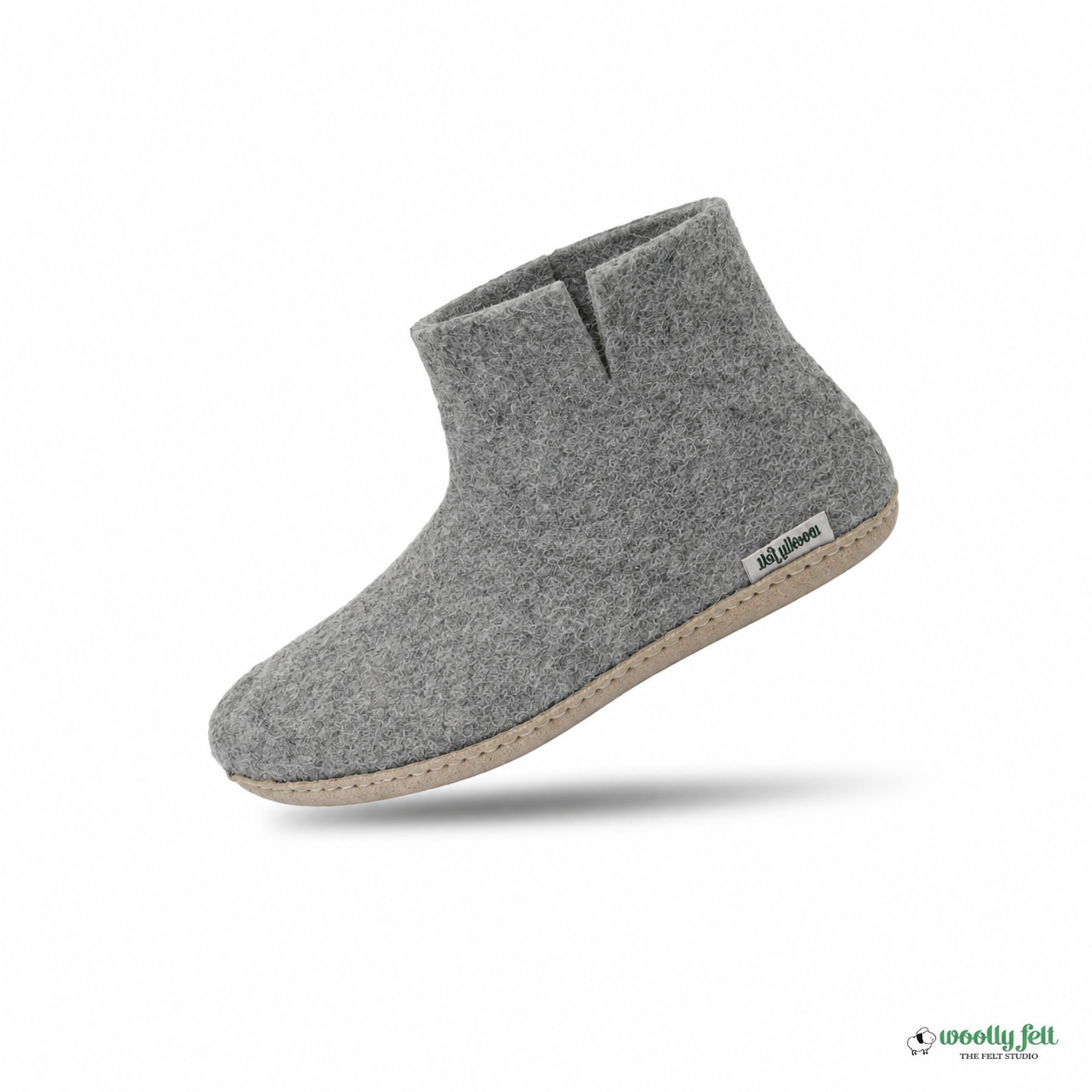 Natural Grey Handmade Wool Felt Indoor Boot with Leather Sole