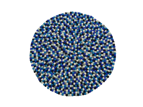 Tapis Rond Fait Main en Laine avec Boules de Feutre Mélangées Bleues
