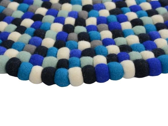 Tapis Rond Fait Main en Laine avec Boules de Feutre Mélangées Bleues