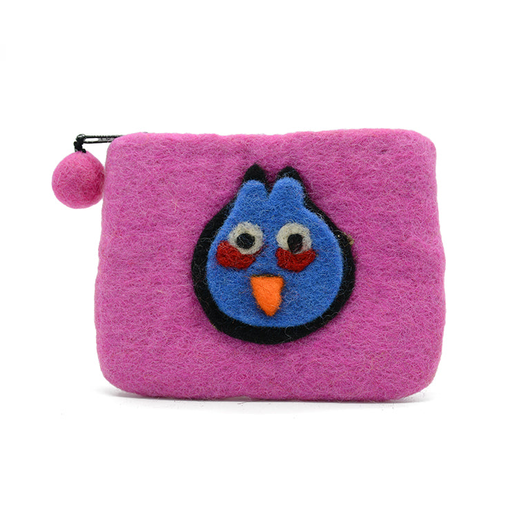 Rosa Münzgeldbörse aus Wollfilz mit blauem Angry-Bird-Motiv
