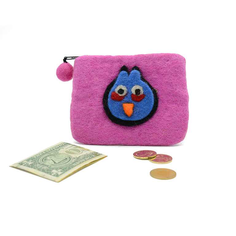 Rosa Münzgeldbörse aus Wollfilz mit blauem Angry-Bird-Motiv