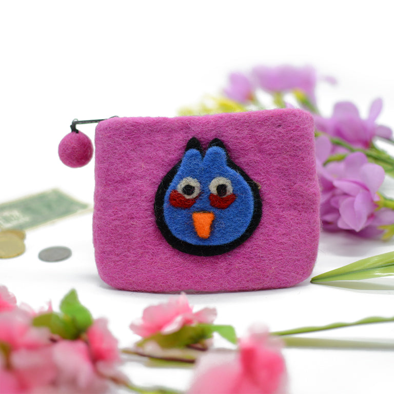Rosa Münzgeldbörse aus Wollfilz mit blauem Angry-Bird-Motiv