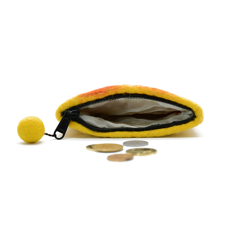 Yellow Wool Felt Coin Pouch with Orange Flower Design