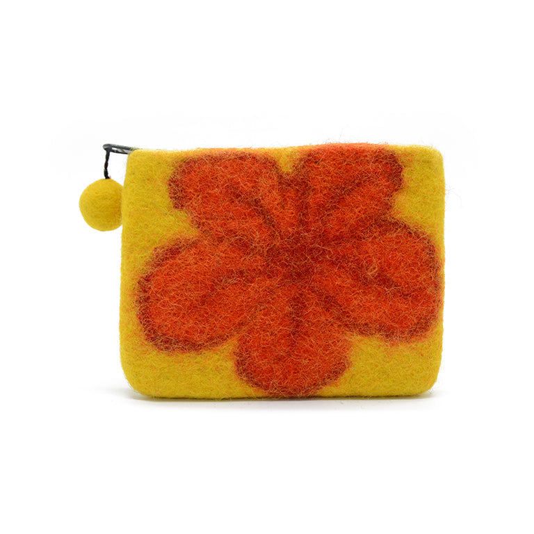 Portamonete in feltro di lana giallo con decorazione floreale arancione
