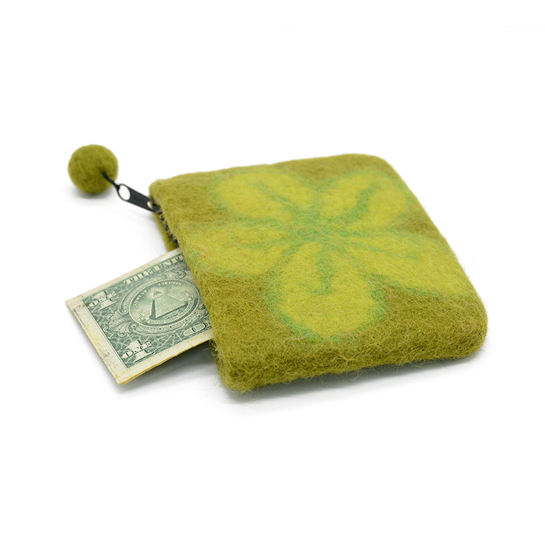 Porte-monnaie en feutre de laine vert clair à motif de feuilles abstraites