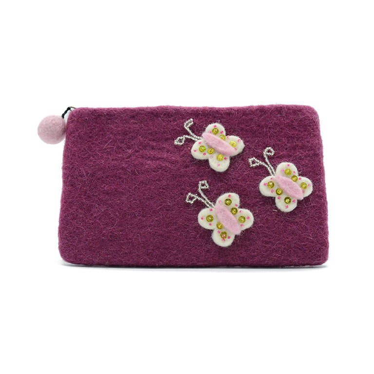 Handtasche aus lila Wollfilz mit weißer Schmetterlingsapplikation